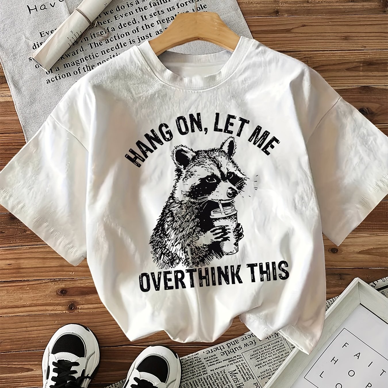 Funny Raccoon Beverage T-shirt With Short Sleeves And Round Neck