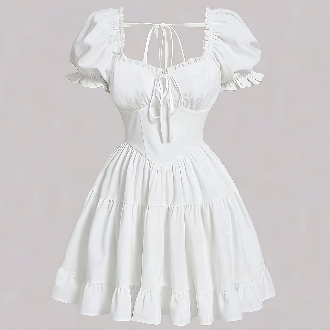 Image of Women's Casual Puff Sleeve A-line Skirt Waist-cinching Dress