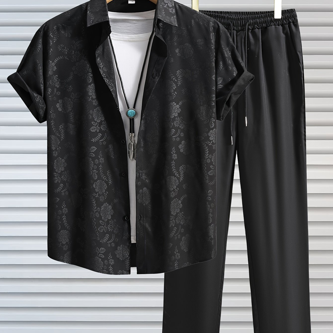 E-shop Sommerliches Herren Kurzarm Hemd mit Kragen und Knopfleiste, schwarze Hose, lässiges Set, Outdoor Freizeit, Party Urlaub, täglicher Streetstyle
