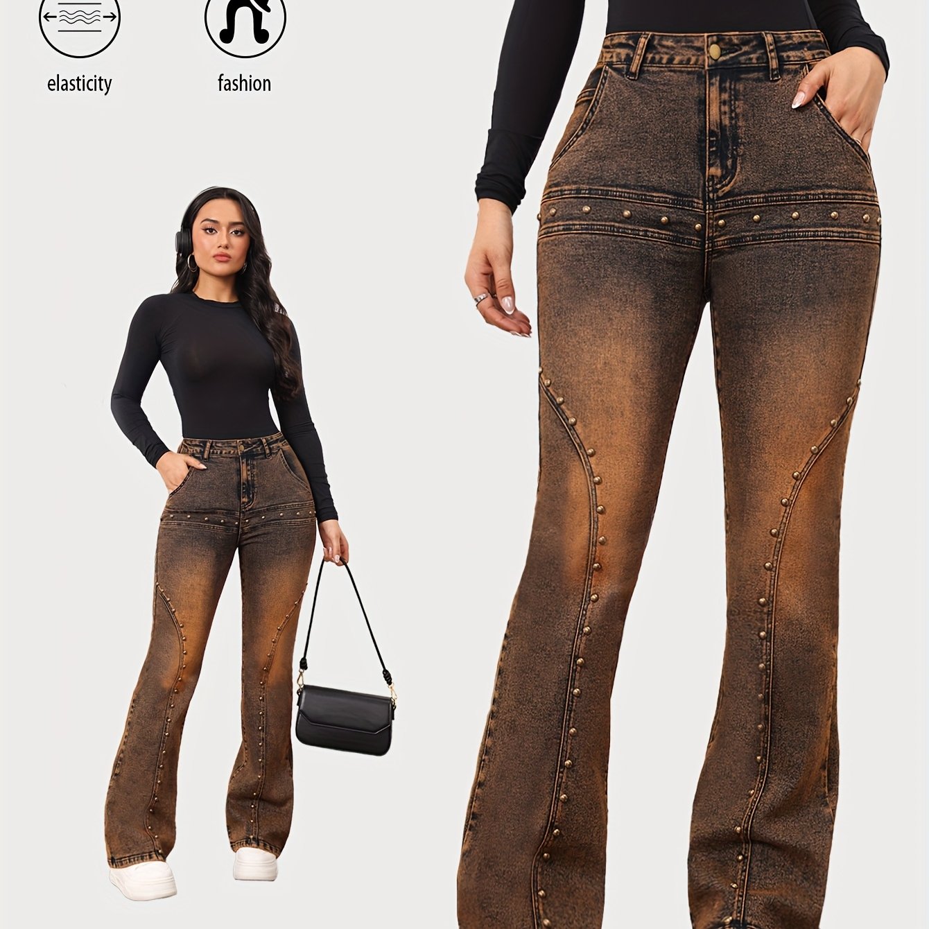 Image of Targeted Development Street Nostalgic Vintage Women's Jeans With Designer High-waist Rivet Wide-leg Pants 1218350