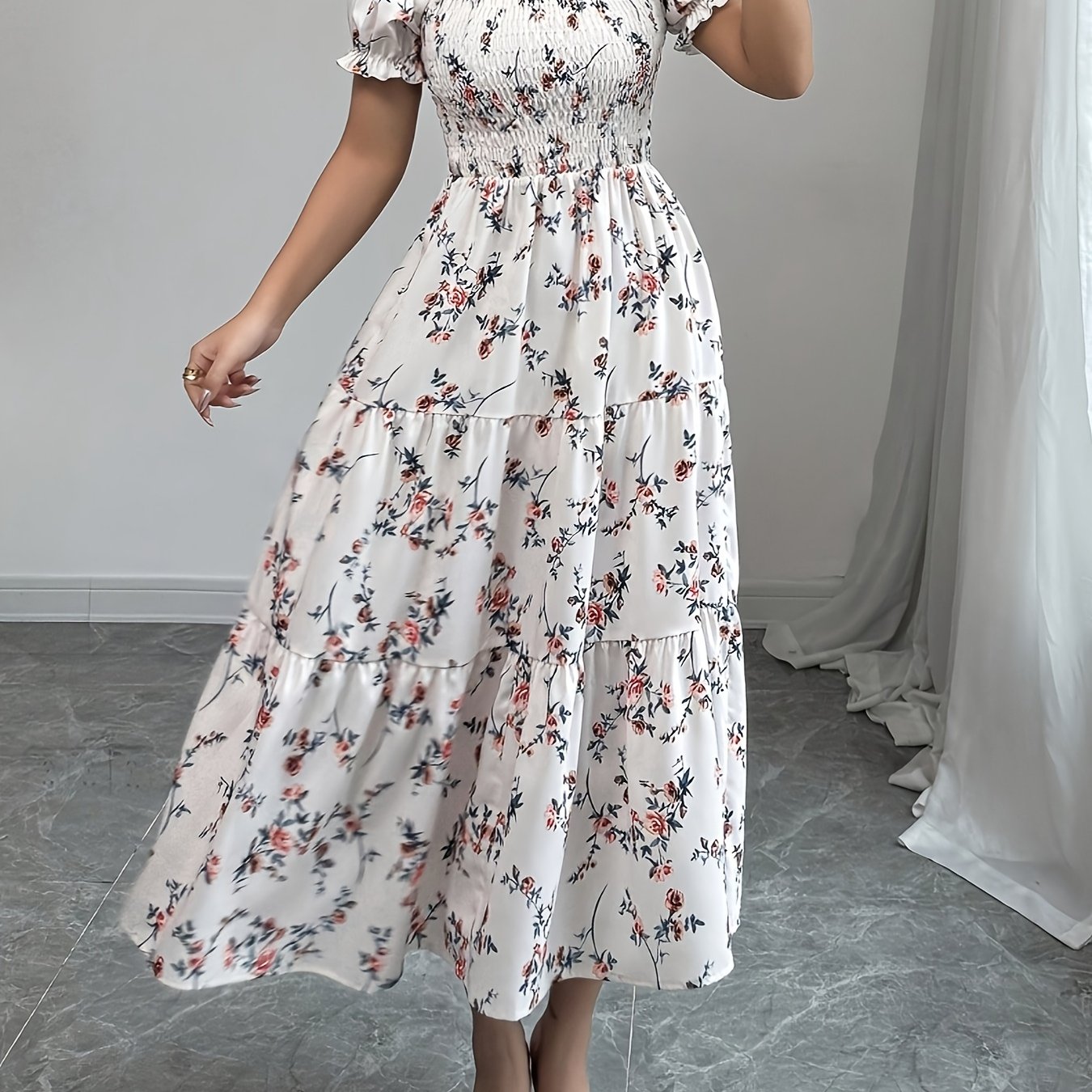 Square Neck Ruched Short Sleeve Ruffle Hem Dress For Women 8038
