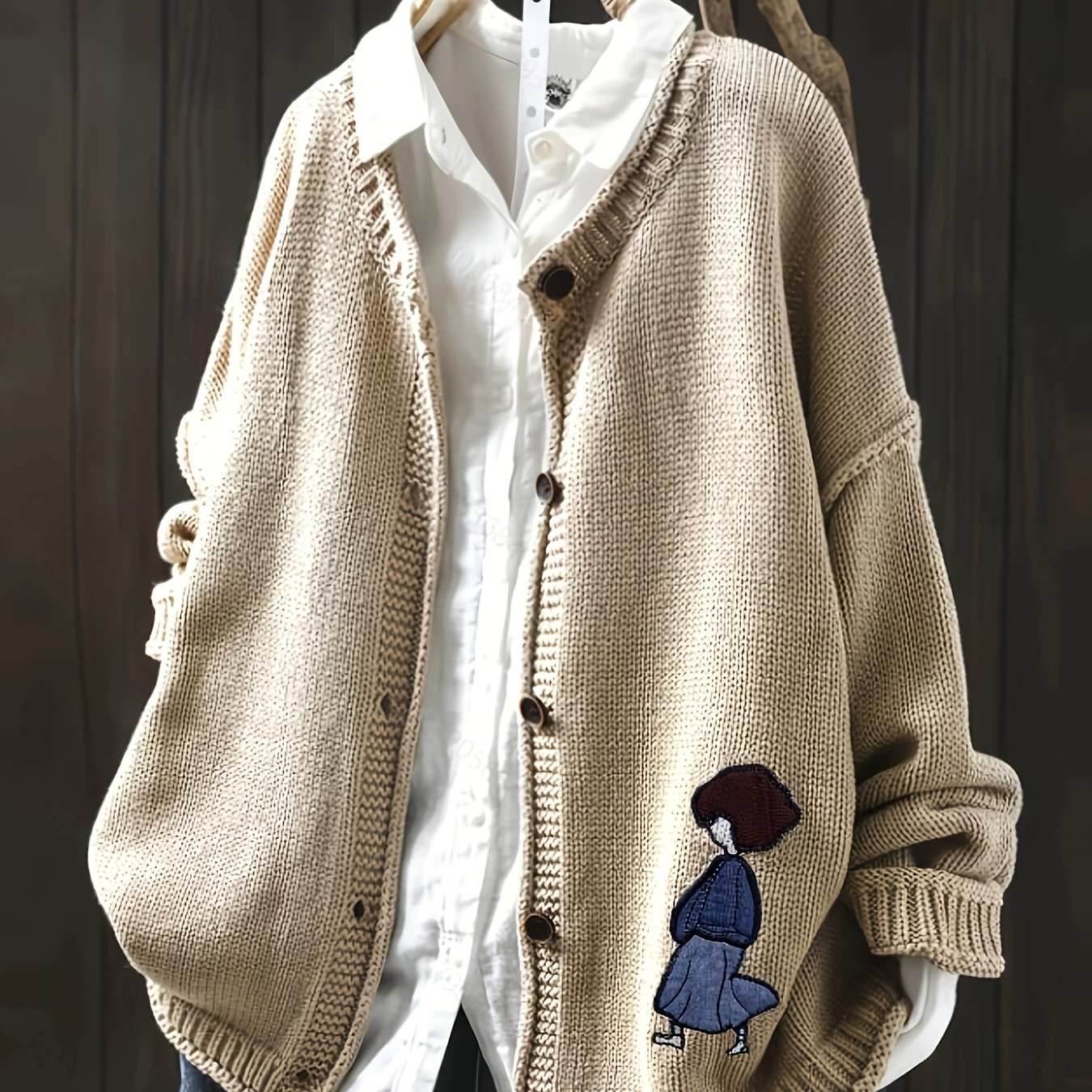 TEMU Дамски ежедневни голям размер кардиган с анимационен дизайн - Бежово акрил, дълги ръкави, копчета, и външно облекло, ежедневно облекло|Топ с