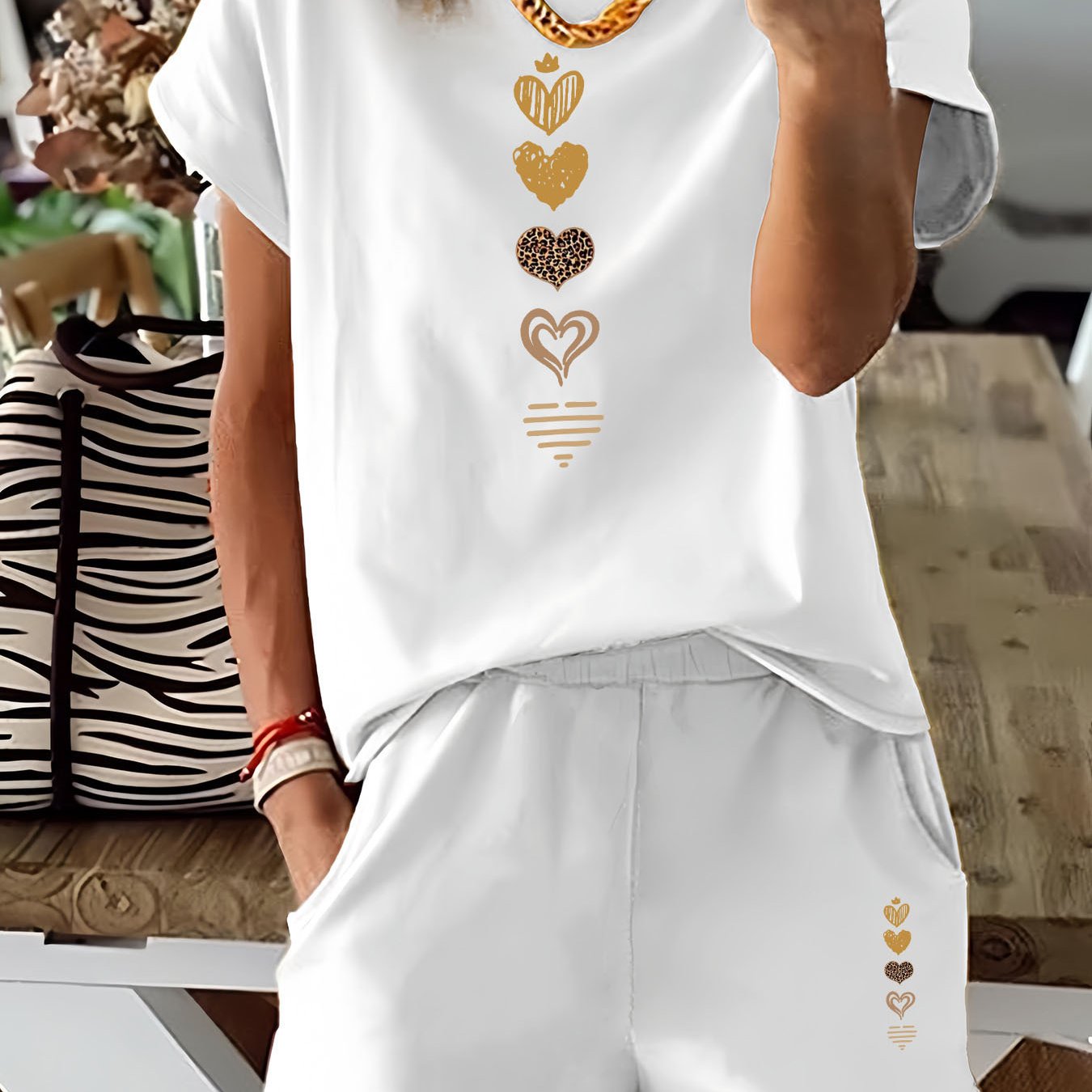E-shop Zweiteiliges Set mit Grafikdruck, Kurzarm-T-Shirt & Shorts, Damenbekleidung