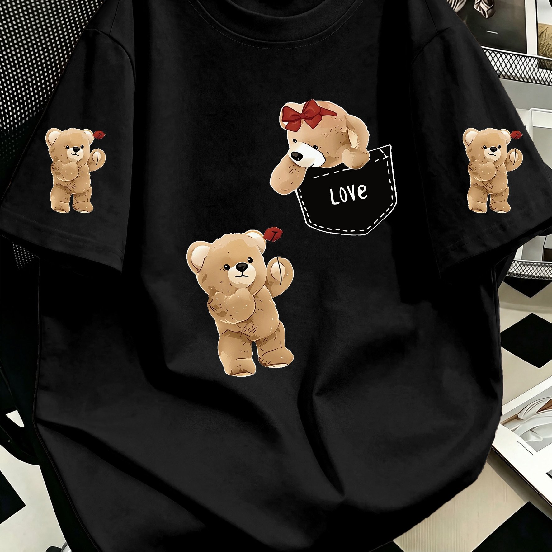 TEMU Plus Size Women's " Bear" Pattern Printed Short Sleeve, Trendy Fashion, Easy Round Neck Casual Versatile Short Sleeve T-shirt Suitable For