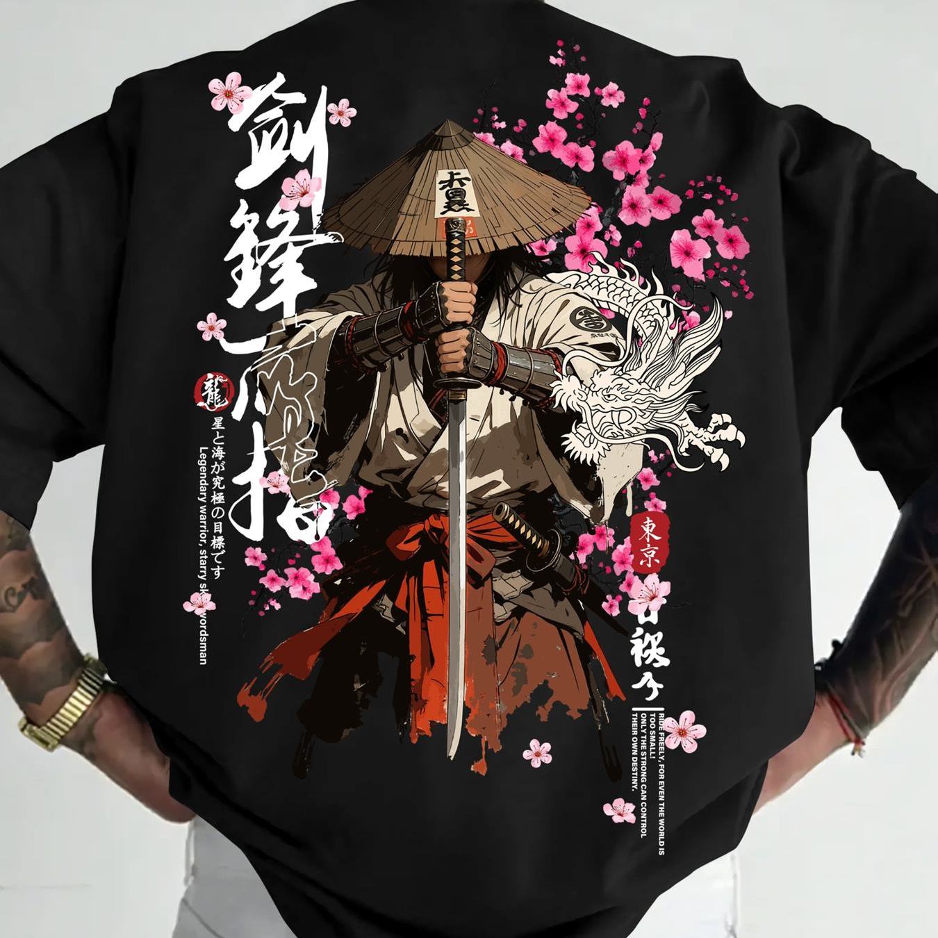 Image of Shirt Featuring Of With Cherry Blossoms In Y2k Japanese Ink Comic For Men's Casual Sports Streetwear, Plus Size