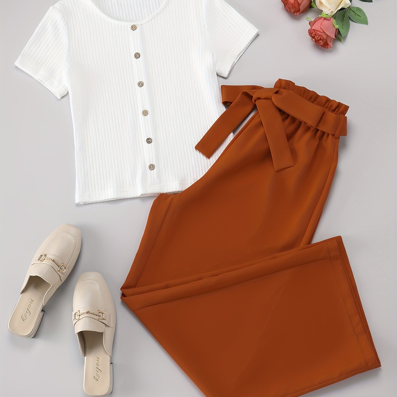 Directional Wood Grain Button T-shirt And Belt Pants Set, Vicca Directional Style