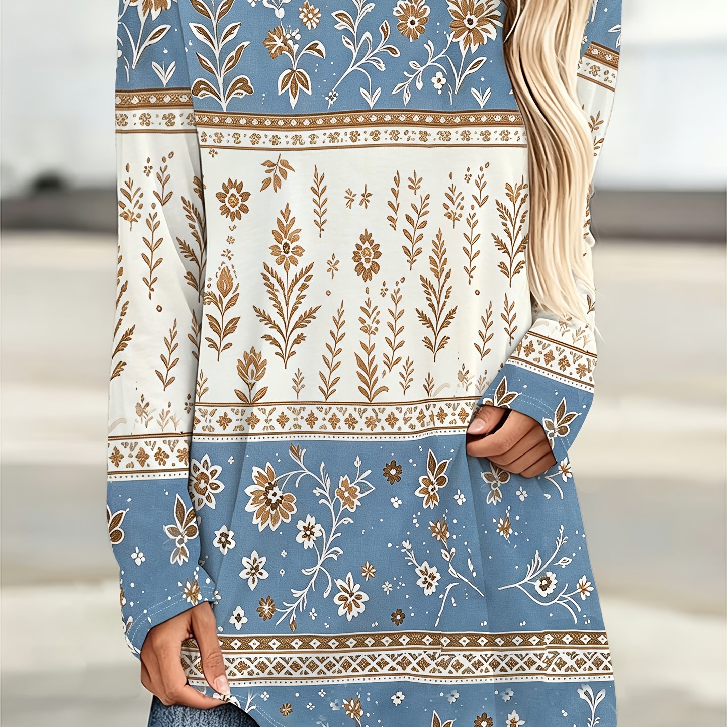 TEMU Women's Plus Size Blue White Ethnic Style Floral Print Long Sleeve T-shirt Top Women's New Loose Mid-length Round Neck T-shirt Retro Casual Base