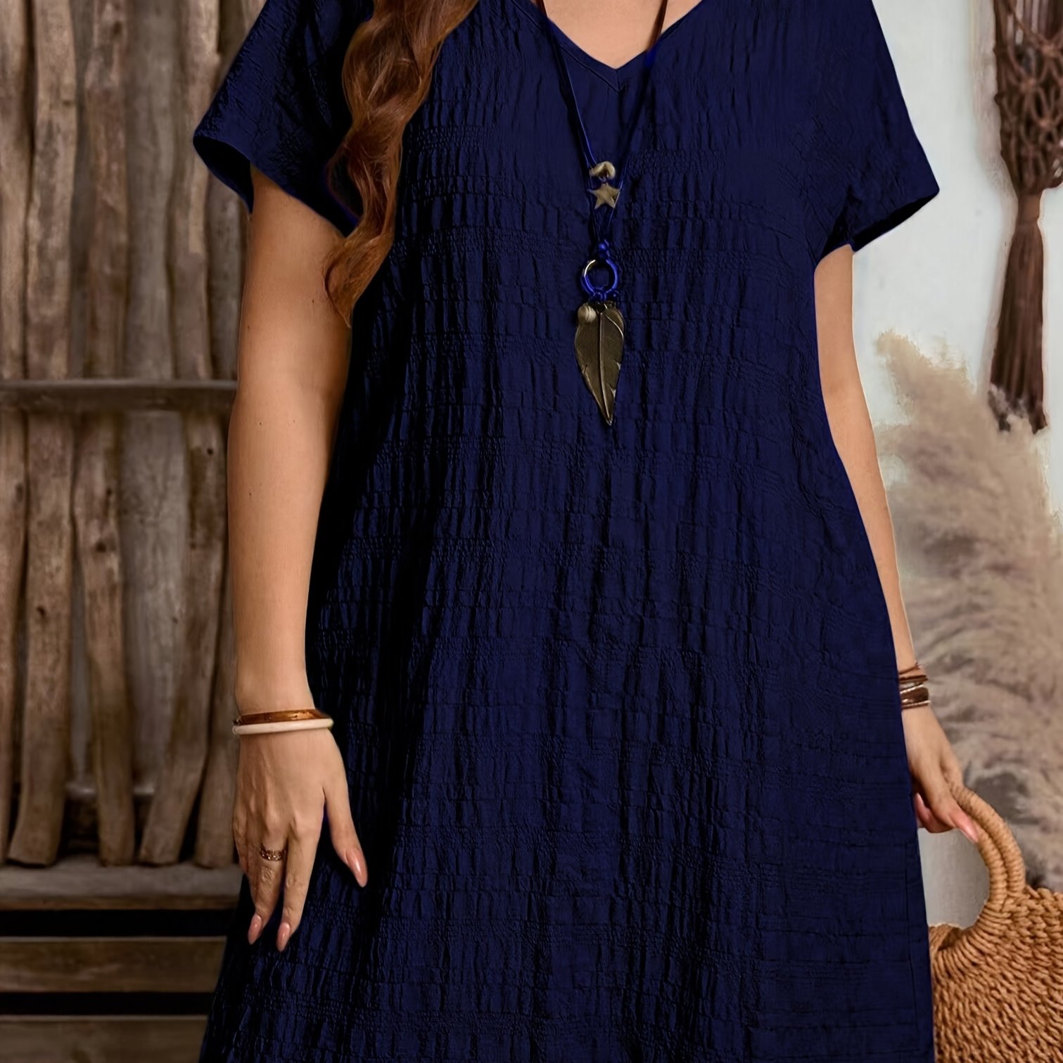 TEMU Plus Size, Middle Eastern Plus Size Single-piece V-neck Solid Color Fashionable European And American Ethnic Style Loose-fitting Short-sleeve