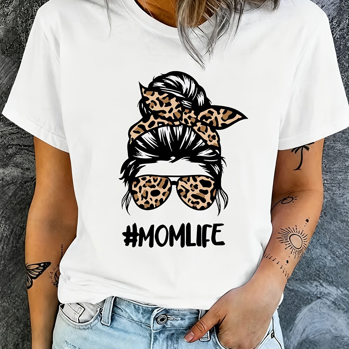 TEMU Women's #momlife Graphic T-shirt - Short Sleeve Round Neck Top With Leopard Print Glasses & Headband Design Suitable For Spring Summer Outfits,