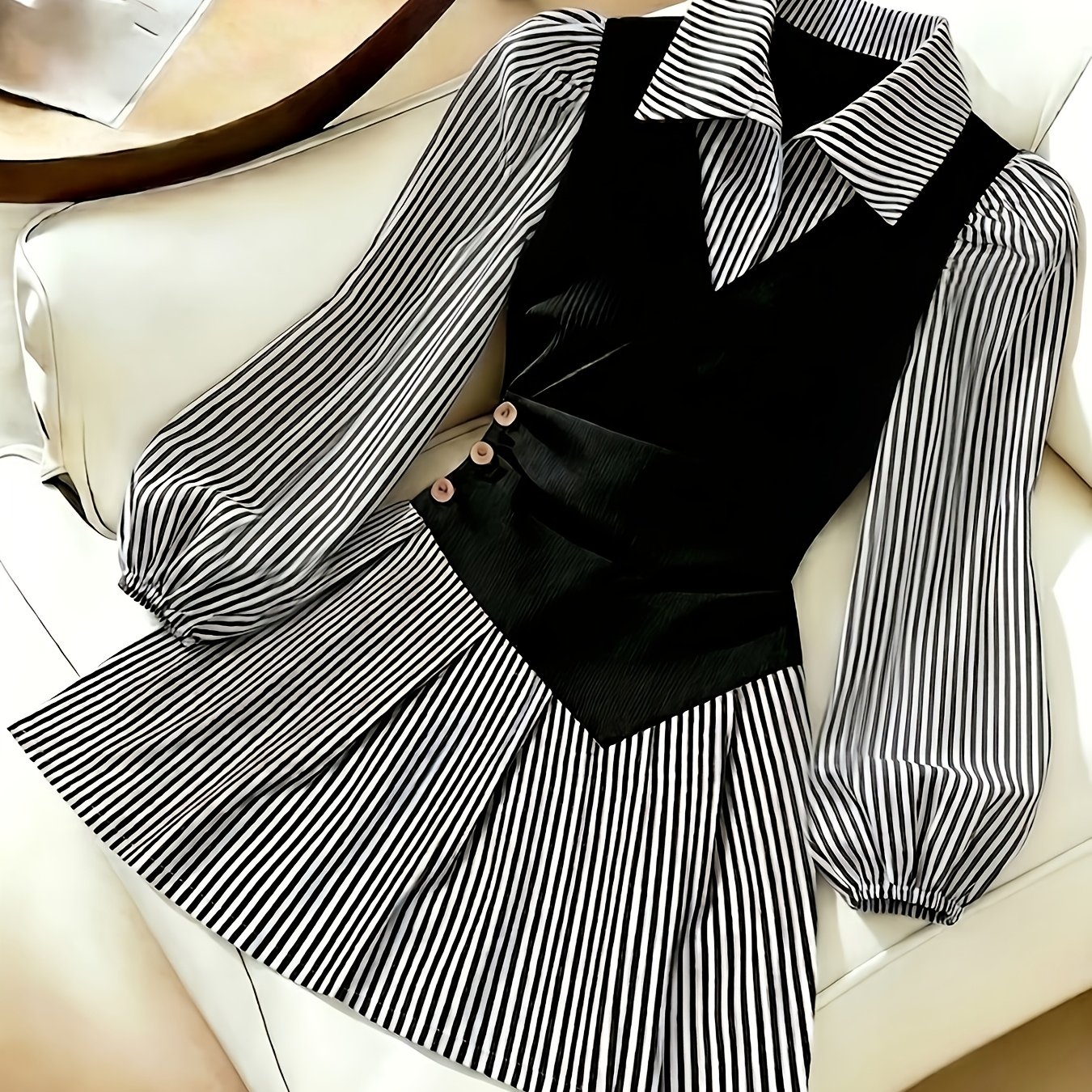 TEMU Women's Elegant Striped Dress, Cuffs, A-line Silhouette, Loose Fit, Long Sleeve