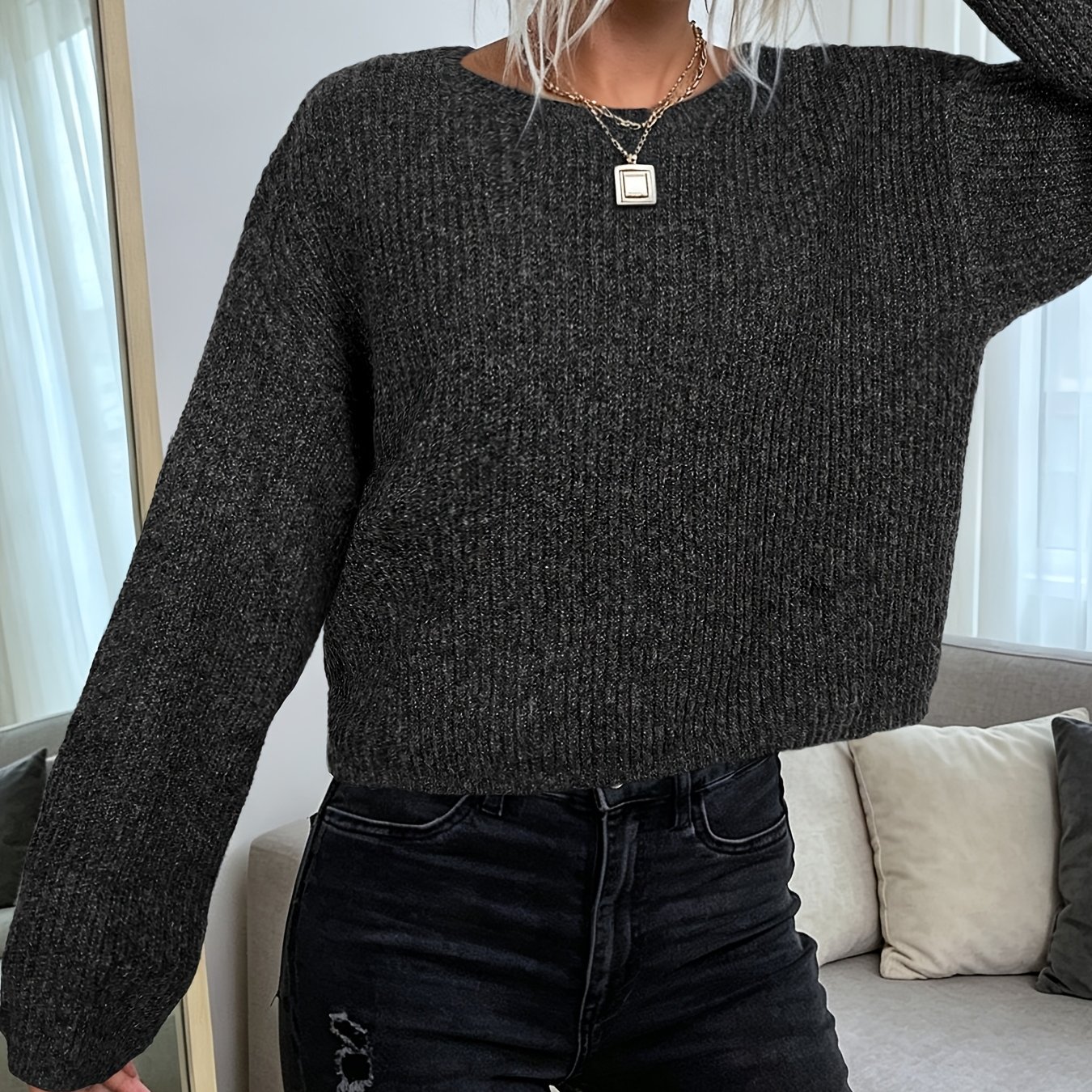 TEMU Autumn Winter New Women's Round Neck Long Sleeve Sweater - Straight Sleeve Design, Short Length Top, High-quality Fabric, Soft And Comfortable