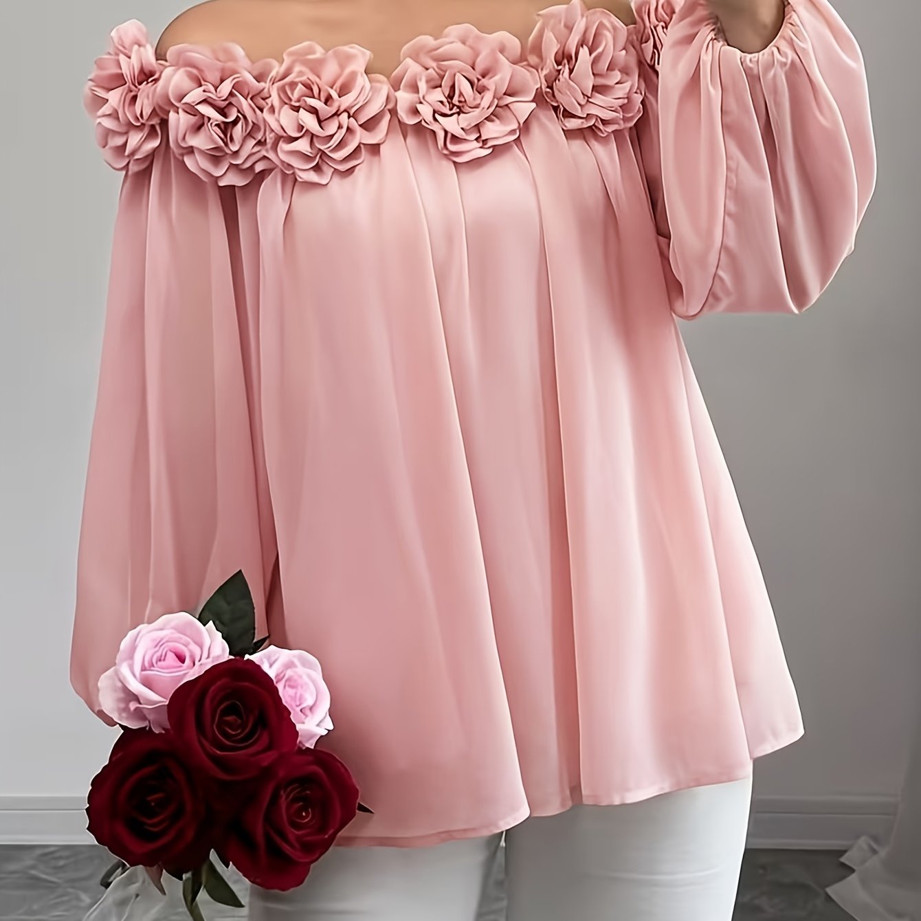 TEMU Plus Size, Plus Size Women's Elegant Off-shoulder Chiffon Blouse, Soft Smooth Matte Solid Fabric With 3d Floral Embellishment, Long Sleeve Top