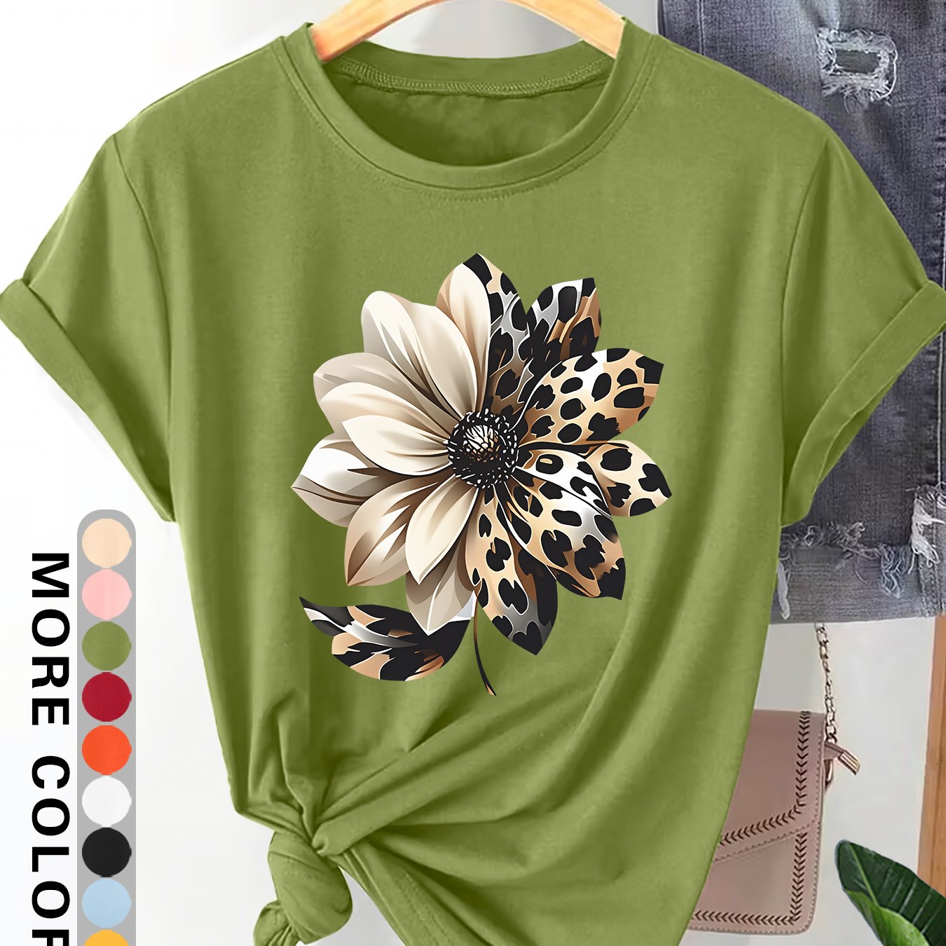 TEMU Women's Plus Size Oversized Short Sleeve T-shirt - Leopard Print & Floral Blouse Style Suitable For Commuting, Vacation, Daily Wear - Soft