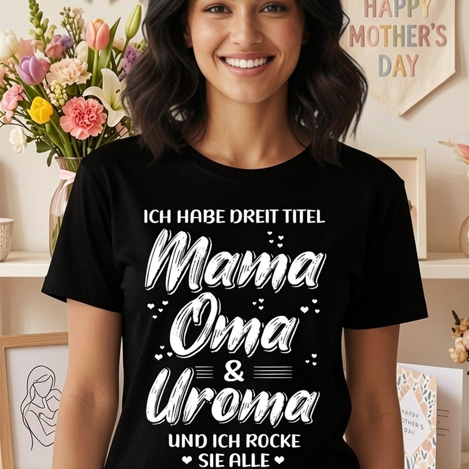 Image of 2026 Mother's Day And Mother Gift T-shirt With German Text 'ich Habe Drei Titel Mama Oma Uroma Und Alle' Crew Neck T-shirt, Casual Short Sleeve T-shirt For Spring And Summer
