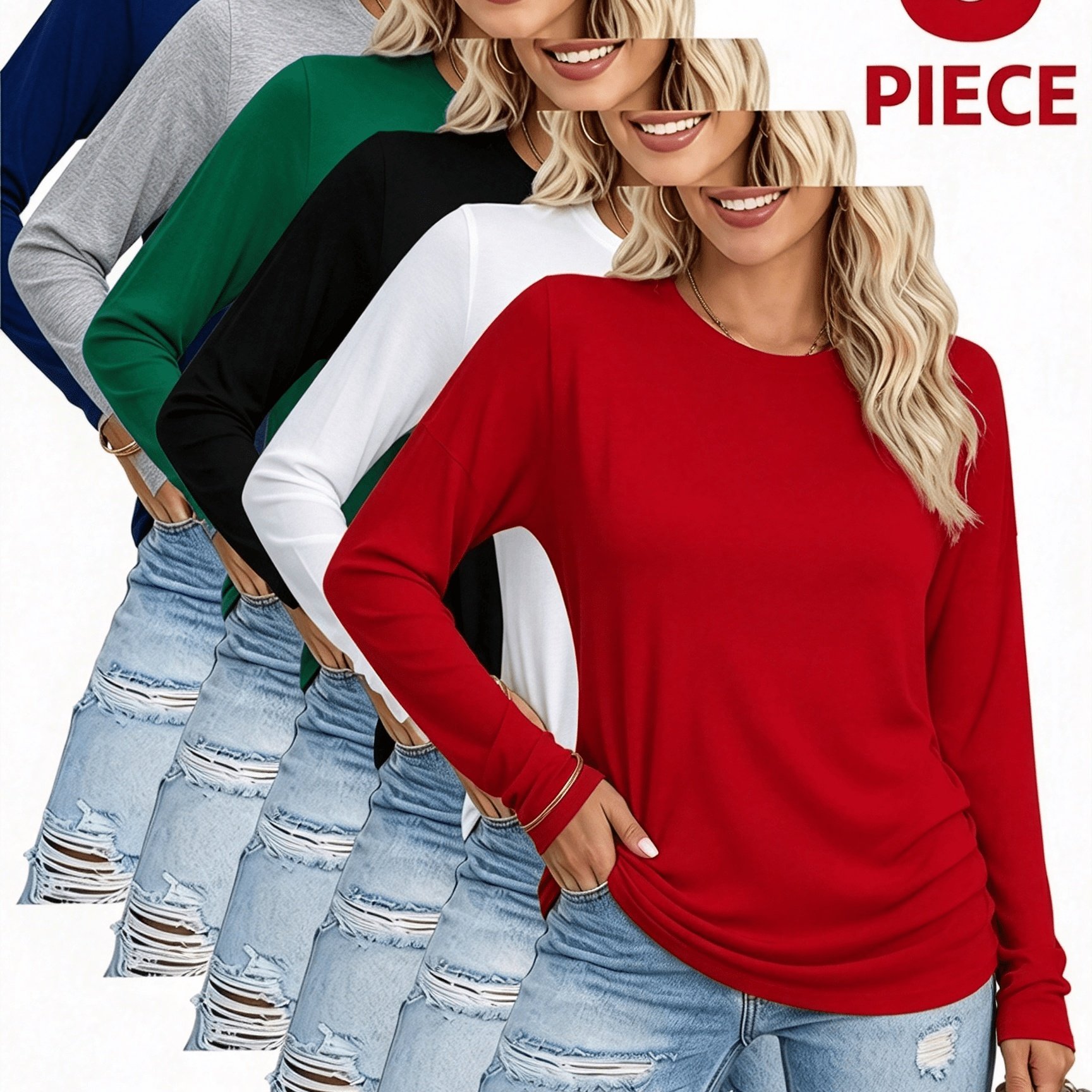 TEMU 6pcs Set Of Women's Long-sleeve Tops, Round Neck, Versatile, Simple, Solid Color, Loose-fitting, Suitable For Outdoor,, , Shopping, And Dating.