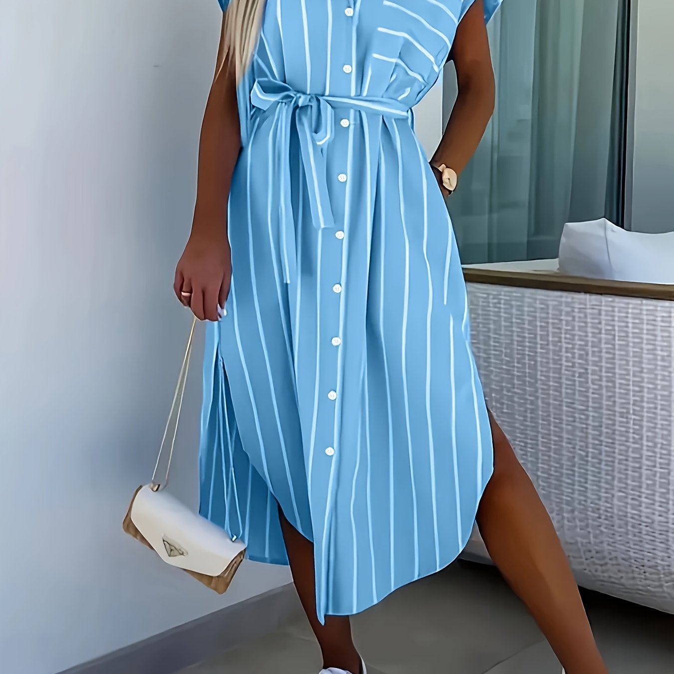 E-shop Damen Elegantes Gestreiftes Hemdkleid mit Schlitz, Tasche, Knopfkragen Gürtel zur Taillenbetonung