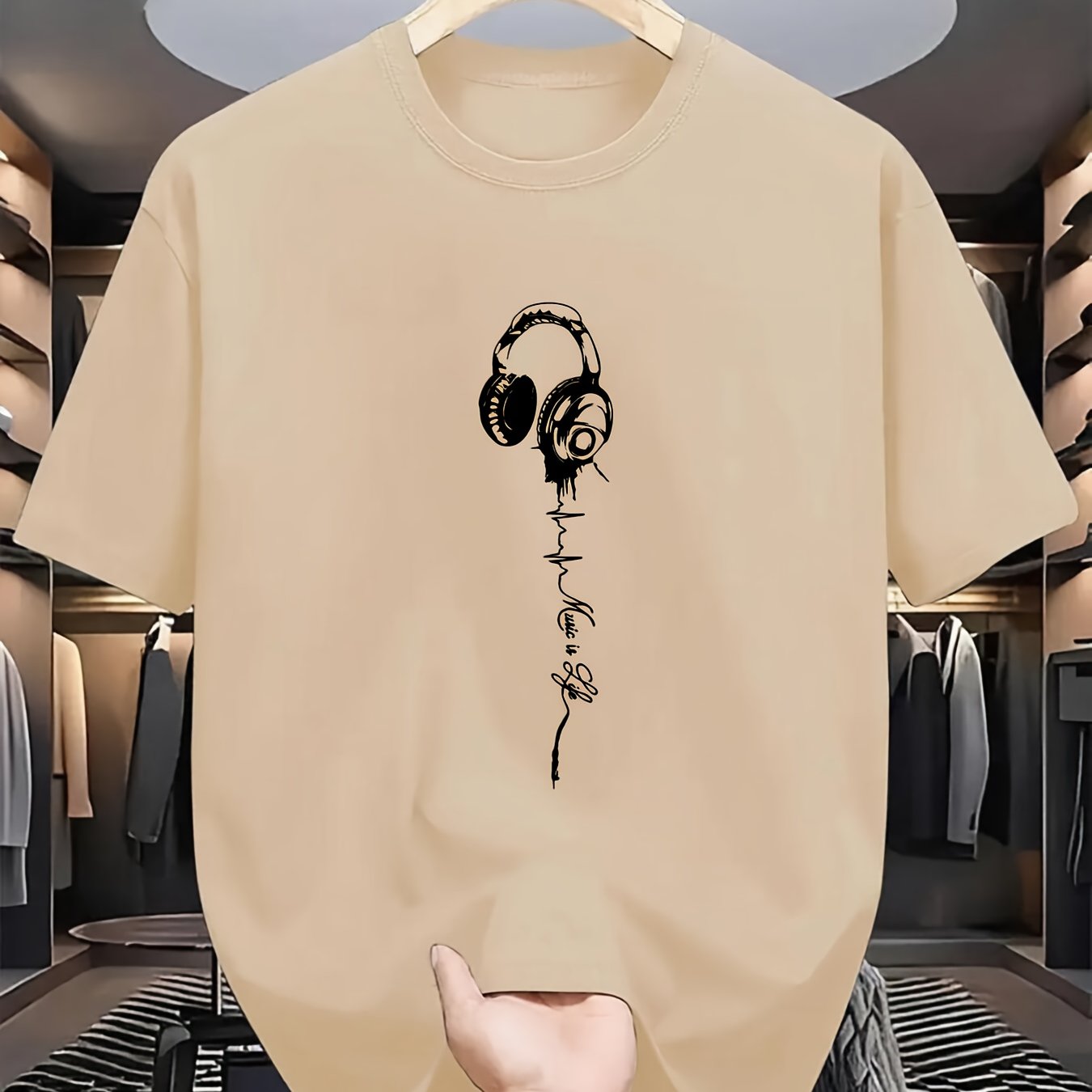 TEMU Music Rhythm! Headphone Heartbeat Line Art Printed T-shirt, Round Neck Loose Casual Versatile T-shirt