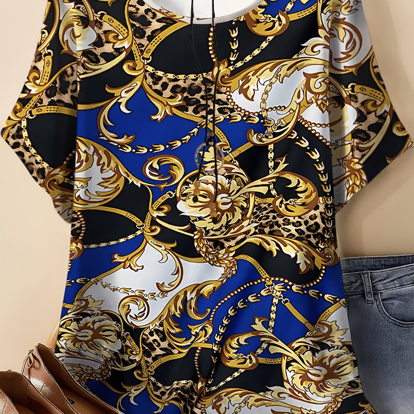 TEMU Plus Size, Women's T-shirt, Main Baroque Pattern Print: Golden Scroll Patterns, Chains, Leopard Print And Floral Elements, Tricolor Contrast Of