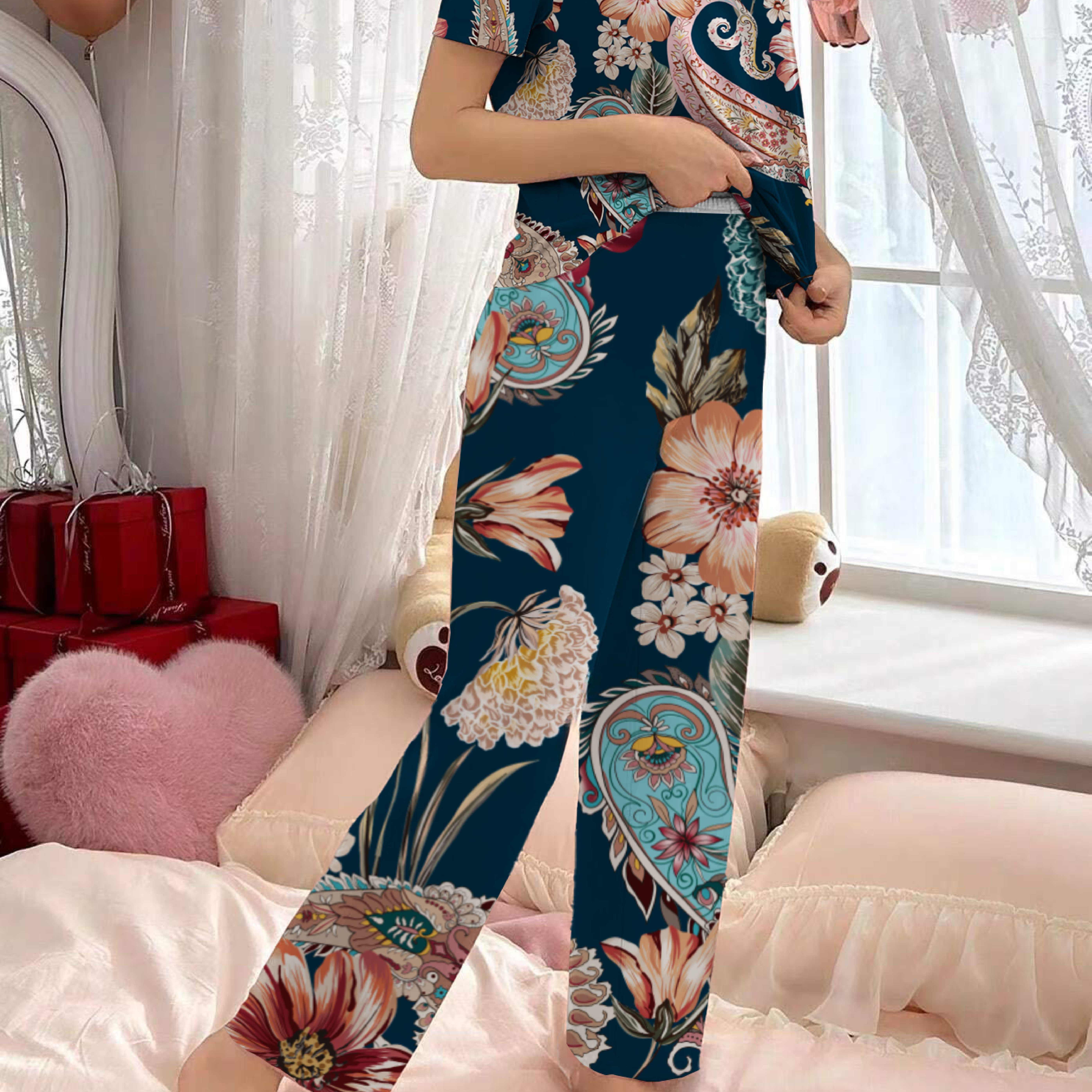 TEMU Paisley Floral Print Pajama Set, Casual Short Sleeve Round Neck Top & Pants, Women's Sleepwear