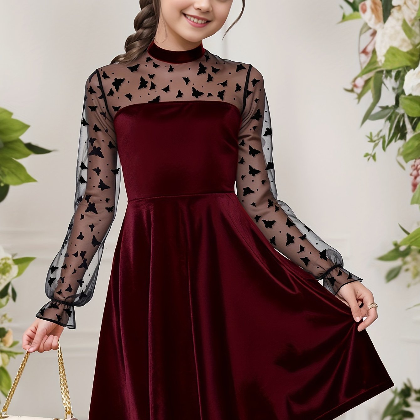 Image of Girls' Semi-sheer Net Tulle Velvet Party Dress