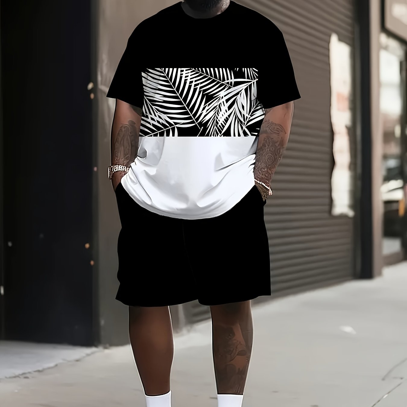 TEMU Oversized Men's Printed Sports Suit, Casual Black And White Contrasting T-shirt And Black Shorts, Machine Washable, Oversized, Plus Size