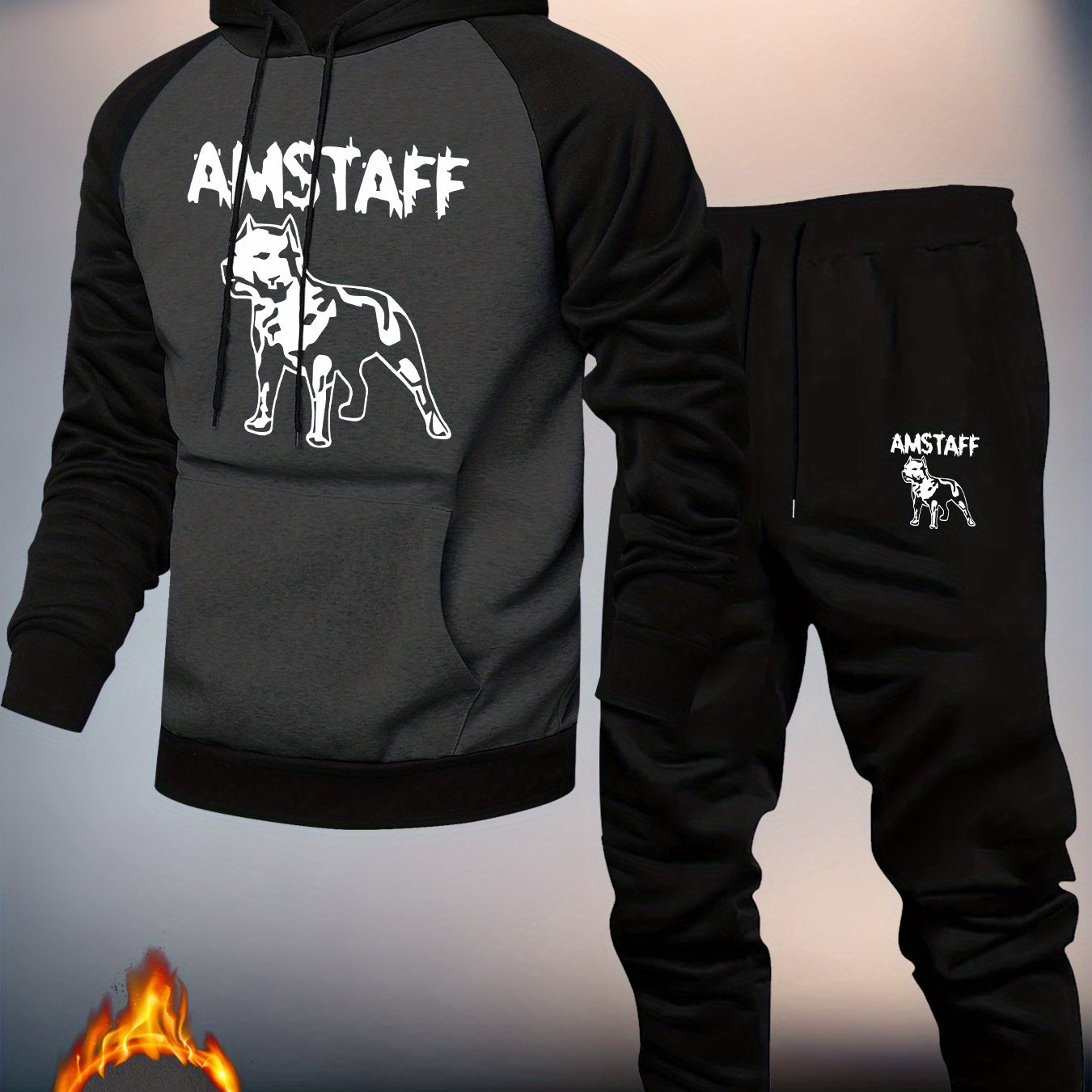 TEMU Lässiger Herren Sport Raglan Ärmel Hoodie mit Hunde-Muster, ein zweiteiliges farblich blockiertes Sweatshirt-Set, ein trendiges und vielseitiges