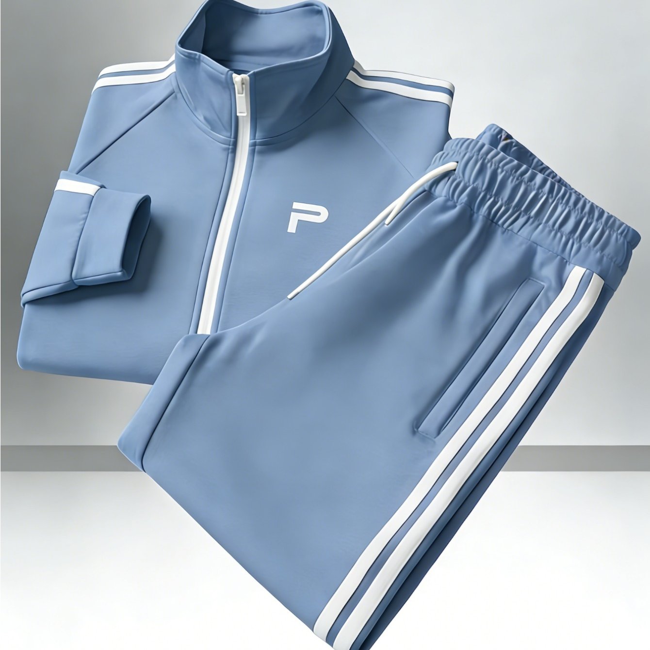 Men's Apparel For Autumn And Winter Light Blue Polyester P Letter Print White Stripe Stand Collar Zip-up Sweatshirt And Sweatpants Set Casual Sporty Style