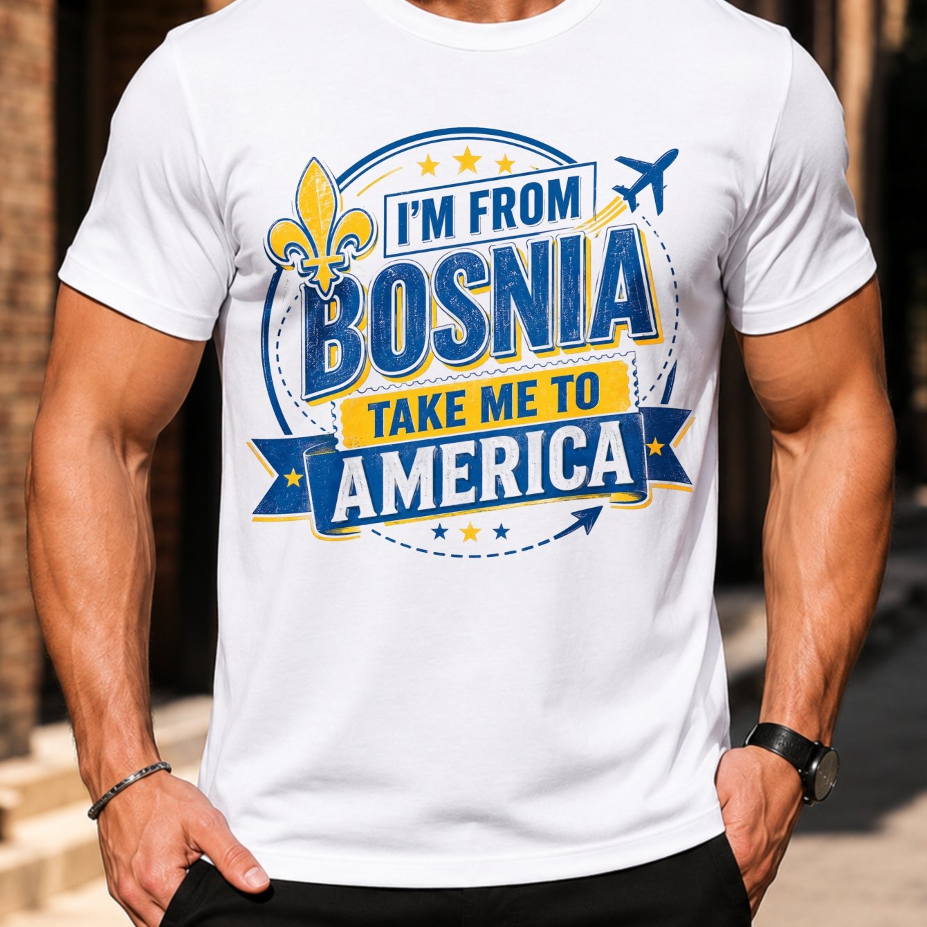 Bosnia Travel Pride T-shirt - Bosnia Badge & Airplane Ribbon With Bosnia Map Print, Blue/yellow Casual Round Neck Tee Suitable For - Wear, Machine Washable Gift For Bosnian Display