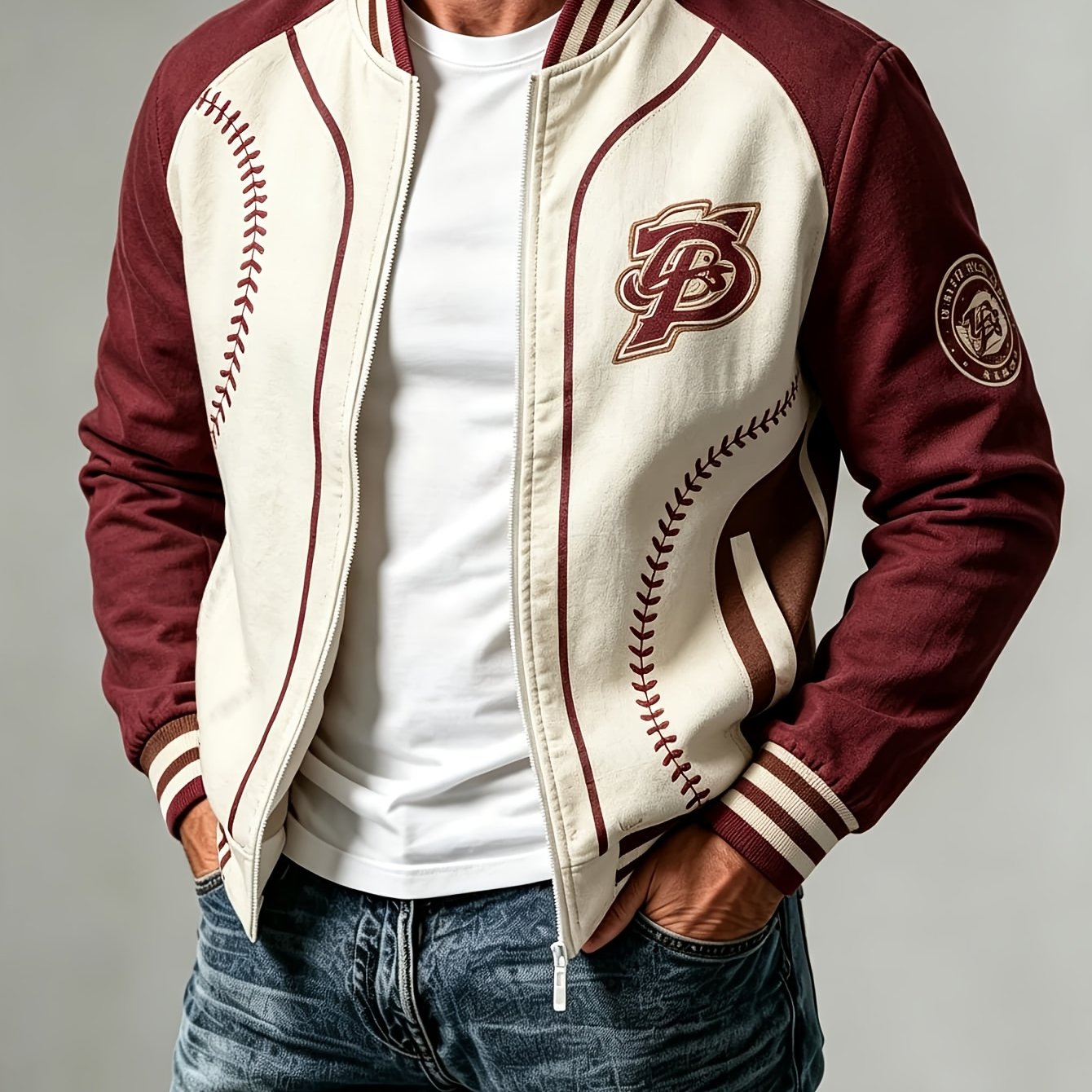 Image of 2d Flat Printing Men's Fashion Coats, Men's Casual Jackets Long Sleeve Tops Baseball Element Daily Style Baseball Print Letter Badge Loose Fit Men's Autumn Clothing Suitable For Street