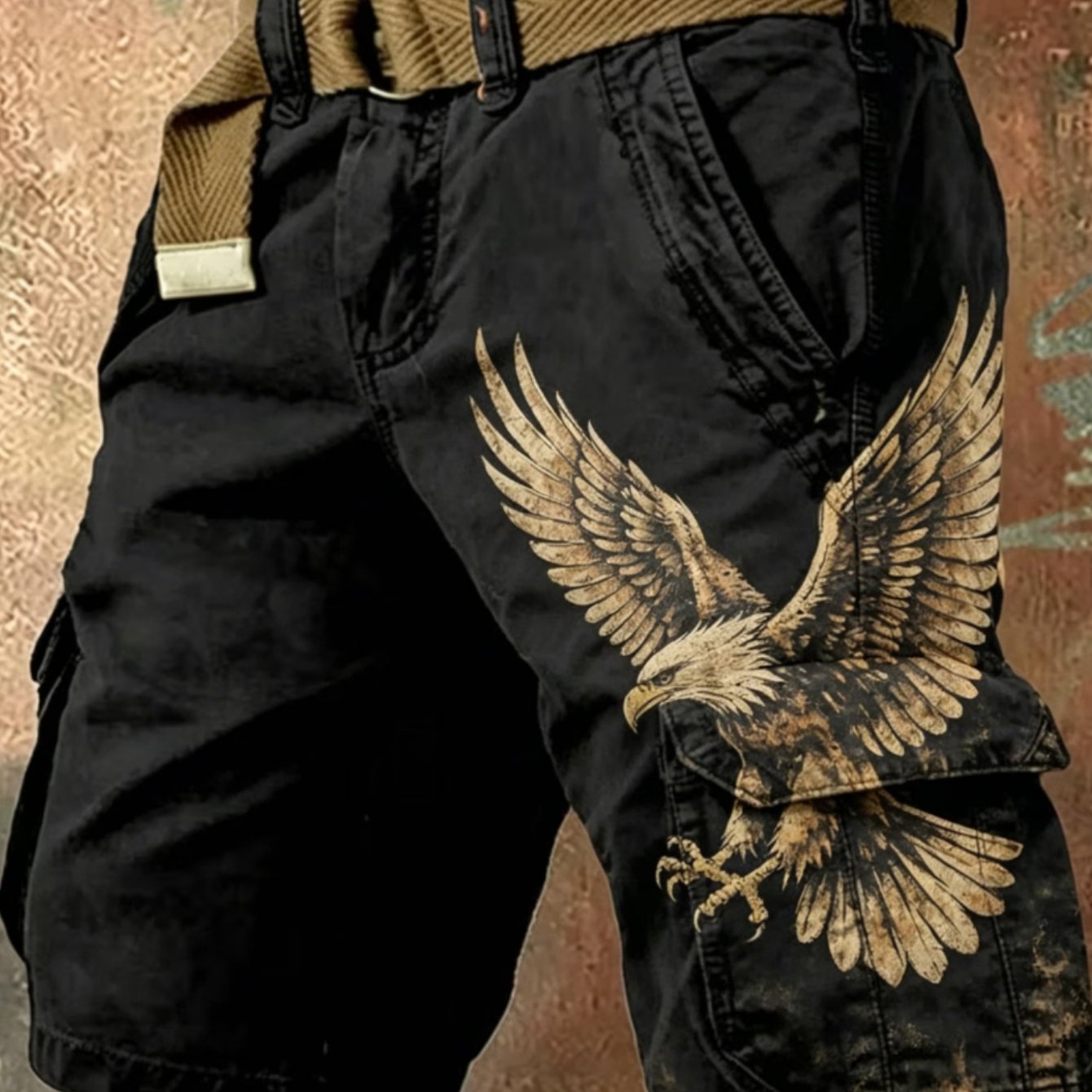 Men's Black Vintage Eagle Print Cargo Shorts, Tactical Military Style Multi-pocket Cargo Shorts With Brown No Belt