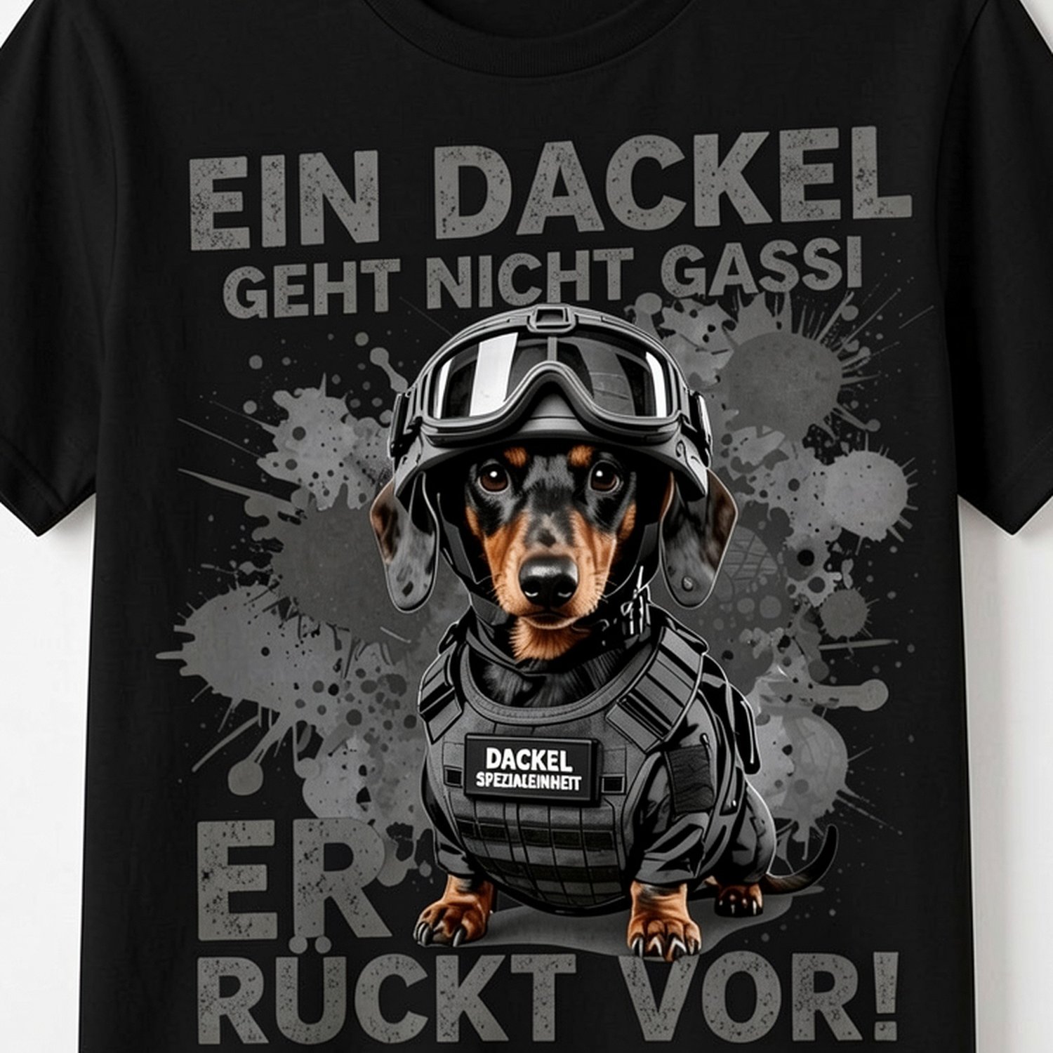 Image of Funny Dachshund T-shirt With Text 'ein Dackel Geht Nicht Er Ruckt Vor' A Dachshund, Black For Men Women Unisex Funny T-shirt, 180g