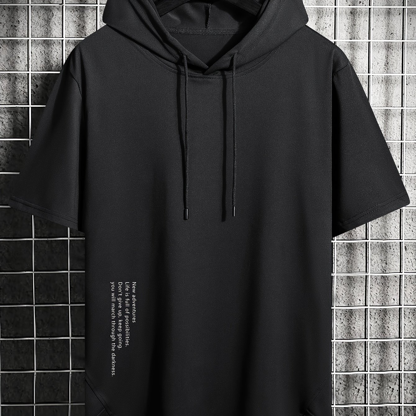 Image of Hooded Casual Fitness T-shirt With Adjustable Drawstring Hood And Motivational Letter Print, Machine Washable, Vibrant Lifestyle Apparel, Simple Solid Versatile For , Suitable For Vacation, Fitness