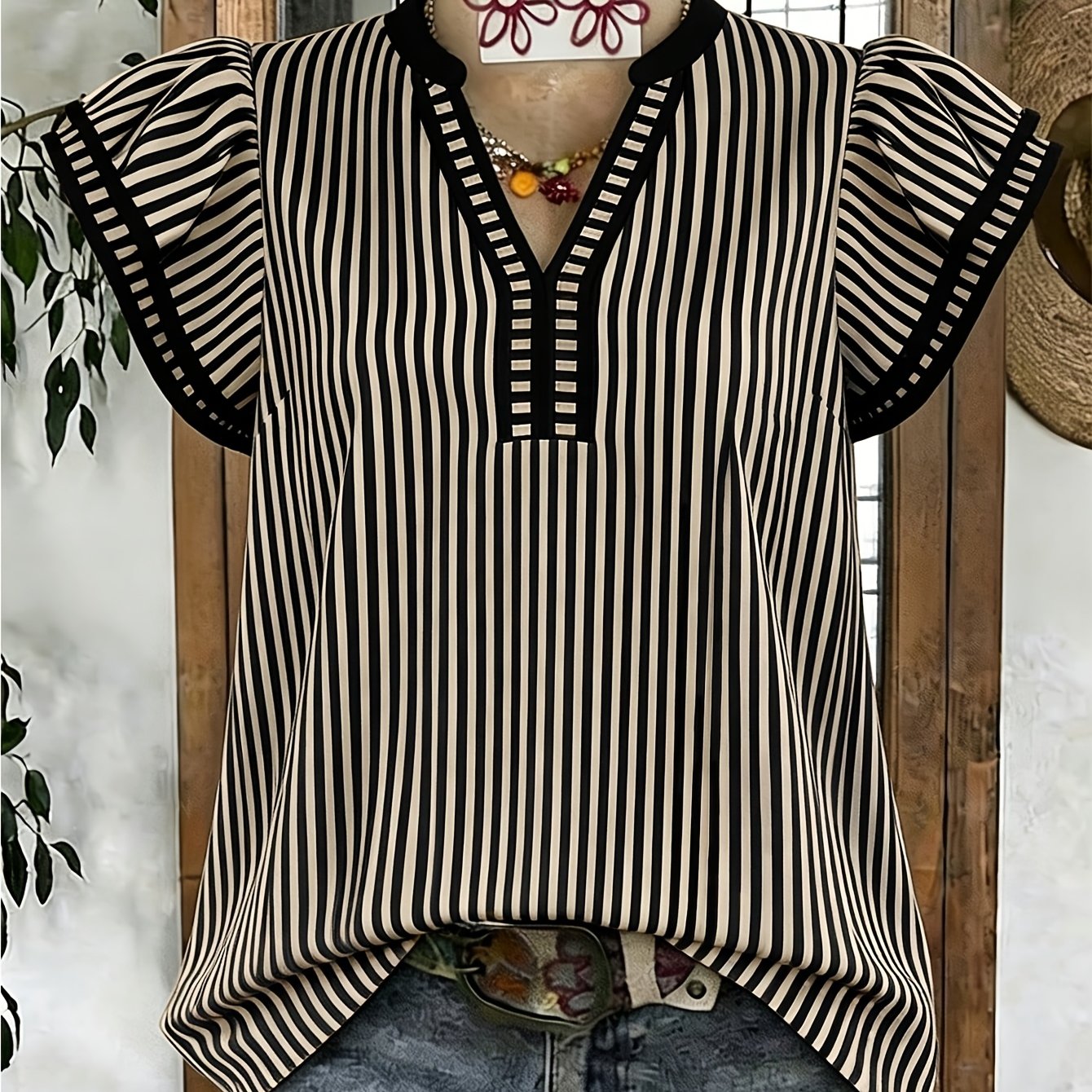 TEMU Women's Casual Striped V-neck Color-block Short Sleeve Shirt, Suitable For Spring, Summer, And Autumn