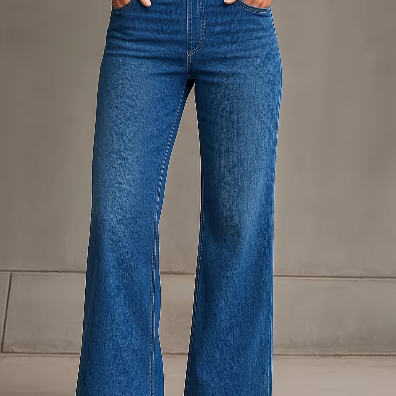 TEMU 1pc Women's Plus-size High-waisted Wide-leg Jeans Pants - Elastic Waist Washed, Slim-fit Loose Floor-length Trousers Suitable For Yoga, Casual &