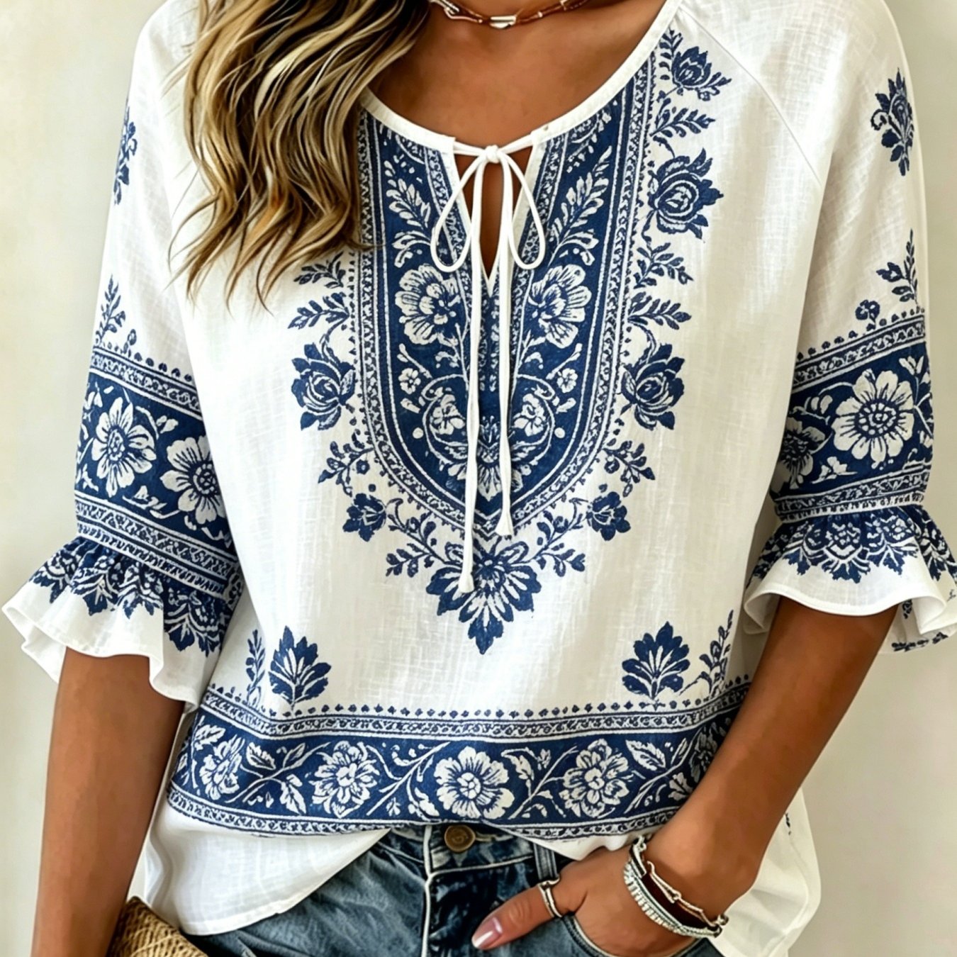 TEMU Plus Size, Women' Porcelain Print Shirt - Ruffle Tie /three-quarter Sleeve Round Neck Top | Machine Washable Suitable For Spring Outfits, Casual
