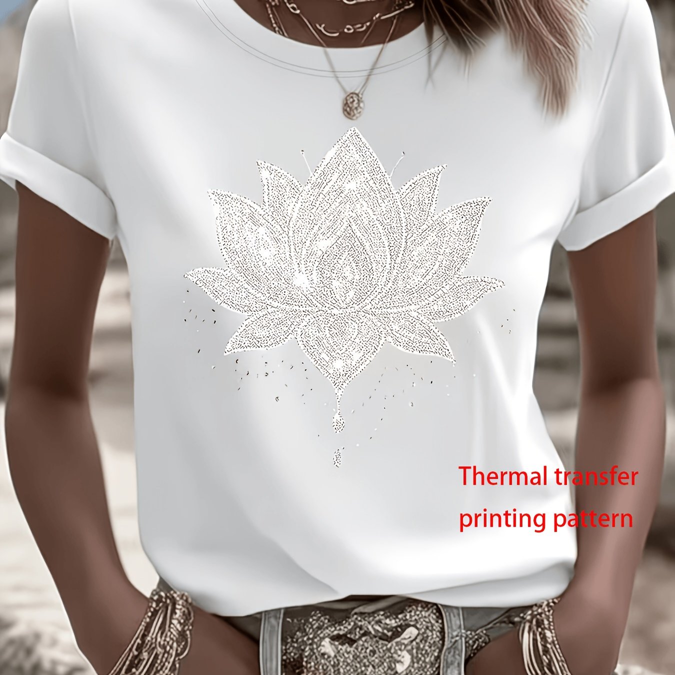 TEMU For Lotus Graphic Print T-shirt For Women, Elegant White Short Sleeve Tee, Casual Crew Neck Top, Fashionable Minimalist Streetwear Look