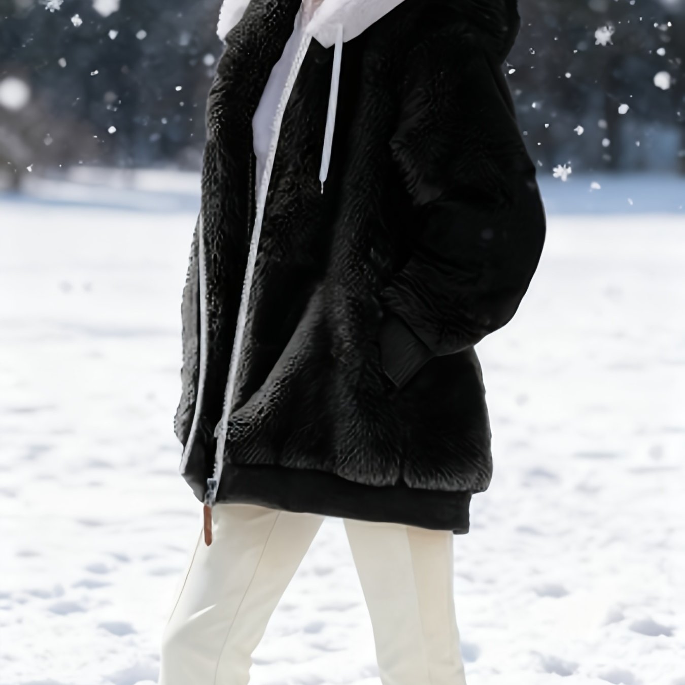 TEMU Women's Autumn Winter Fleece Lined Zipper Hooded Coat, Elegant Winter Double-faced Plush Coat Dress, Solid Machine Washable Loose Fit Suitable