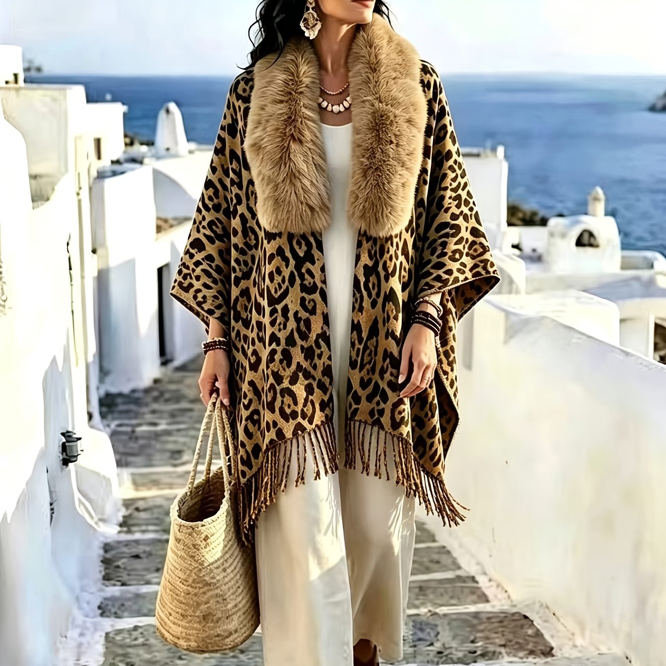 TEMU Plus Size, Women's, Large-sized Cardigan, Autumn And Winter Women's Leopard Print Cape, Soft Artificial Collar Shawl, Multi-functional Fringed