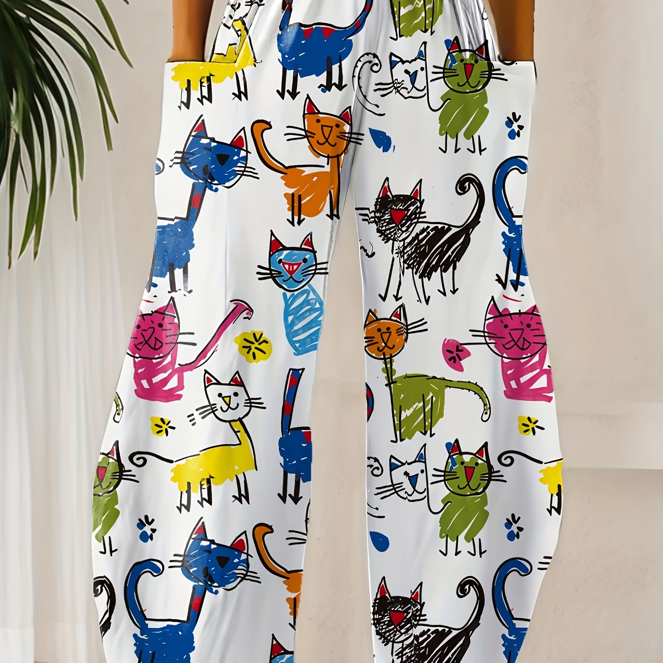Image of Women's Colorful Cat Art Wide-leg Pants, Featuring A Casual And Fun High-waisted Design Suitable For Everyday Wear, Perfect For And Machine Washable