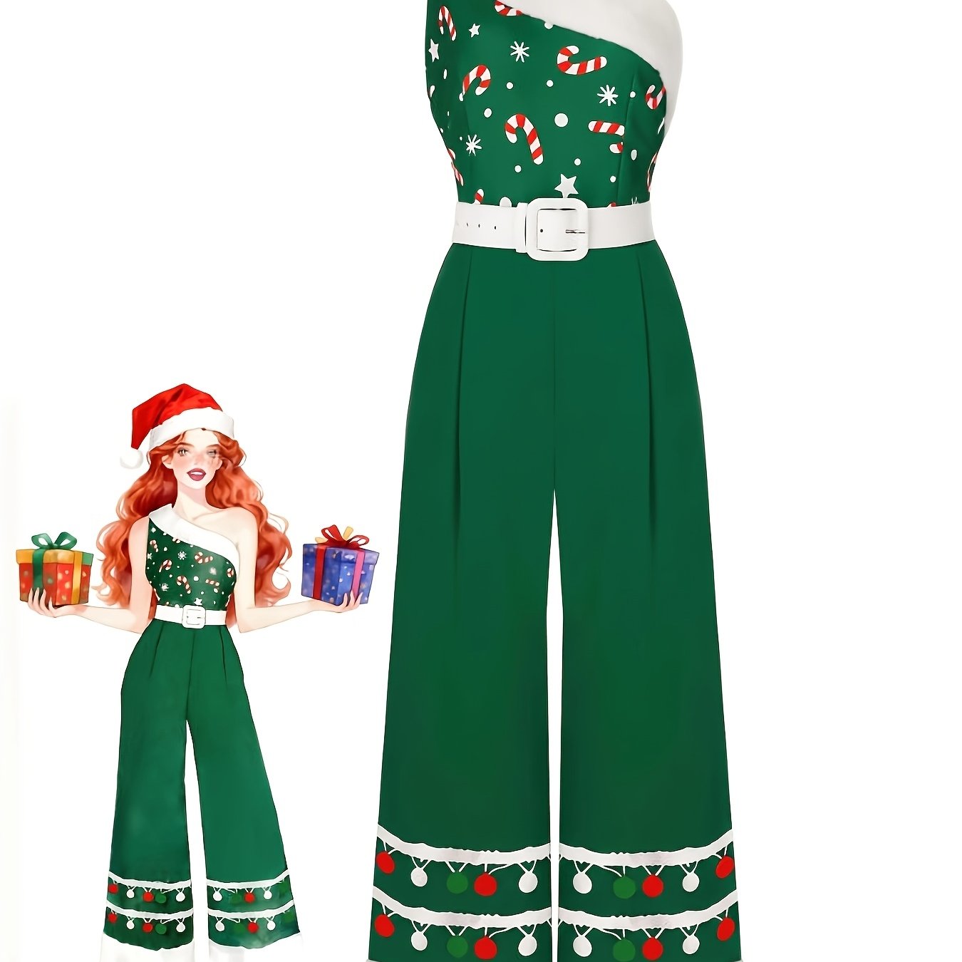 TEMU Women's Christmas Off-shoulder Jumpsuit Wide-leg Pants, Waist-cinching Design With Side Zipper, Christmas Ornament Plush Trim Pattern Printed