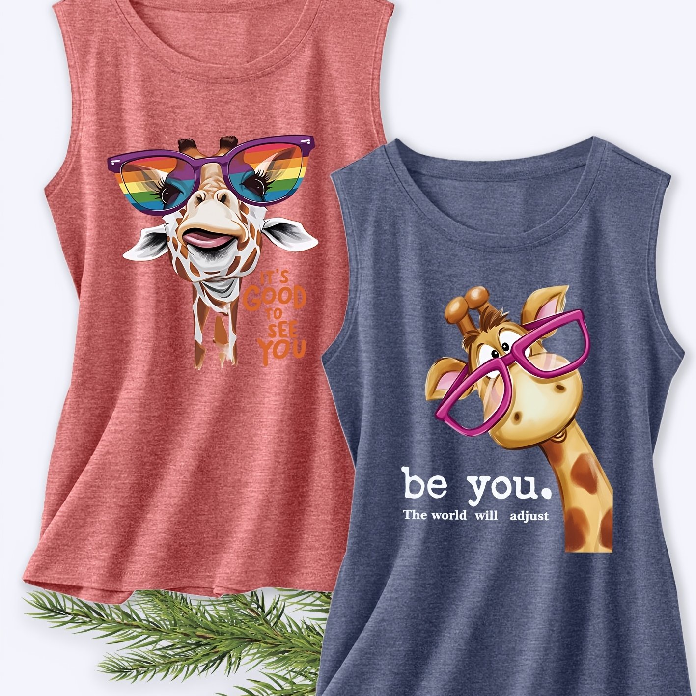 TEMU Holiday Wear Giraffe Fun 2pcs Set Women's Sleeveless Vest Retro Print Summer Casual Top Daily Cute Summer Essential Fashion Item Round Neck Soft