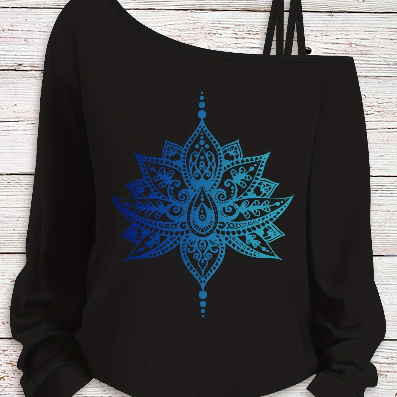 TEMU Beautiful Autumn And Winter Clothing Featuring A Blue Mandala Pattern, This Black Sporty Casual Party Top Is Loose, Elegant, Stylish, Stretchy,