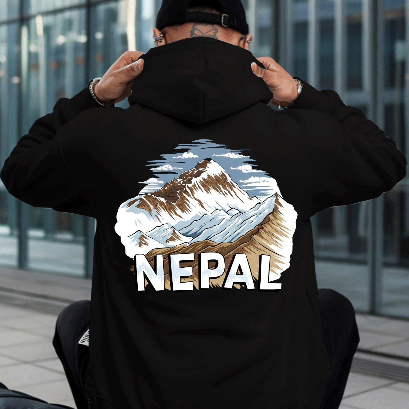 TEMU Nepal Men's Hoodie - Stylish Mountain & River Print, Black Casual Sweatshirt With "nepal" Design, Soft Warm Fabric, Fall/winter Outdoor Sports &