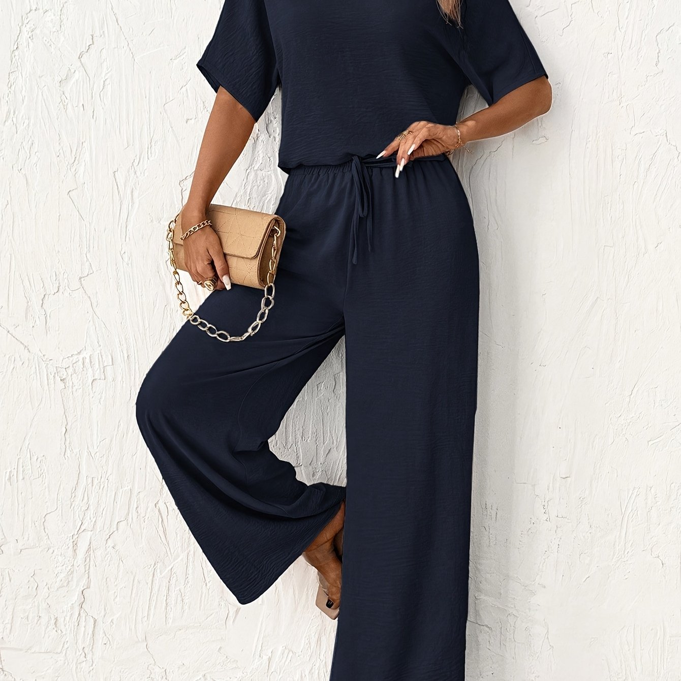 E-shop Frühlings-Sommer Bequemes Einfarbiges V-Ausschnitt Kurzarm Lange Hosen Damen Set