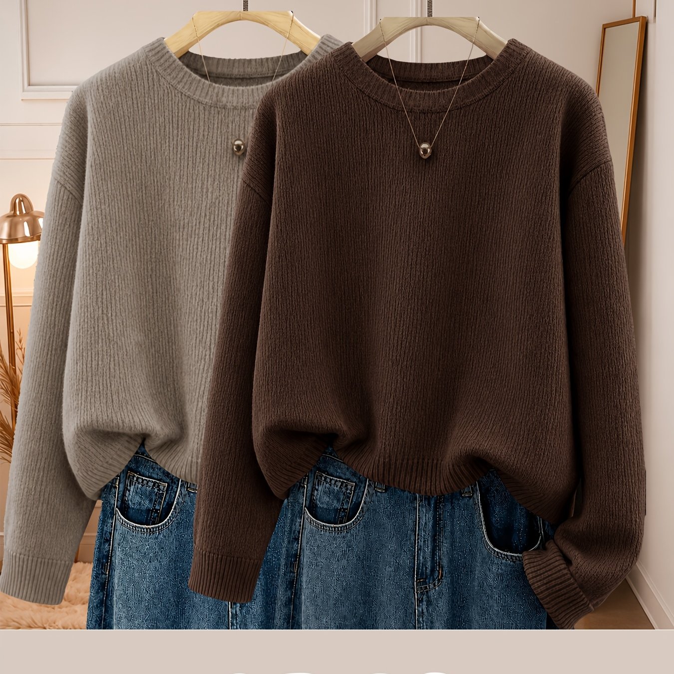 TEMU 2pcs Set Of Warm Tops, Round Neck Women's Knitwear For Autumn And Winter, Machine Washable, Trendy Fashion Pieces For Fall And Winter