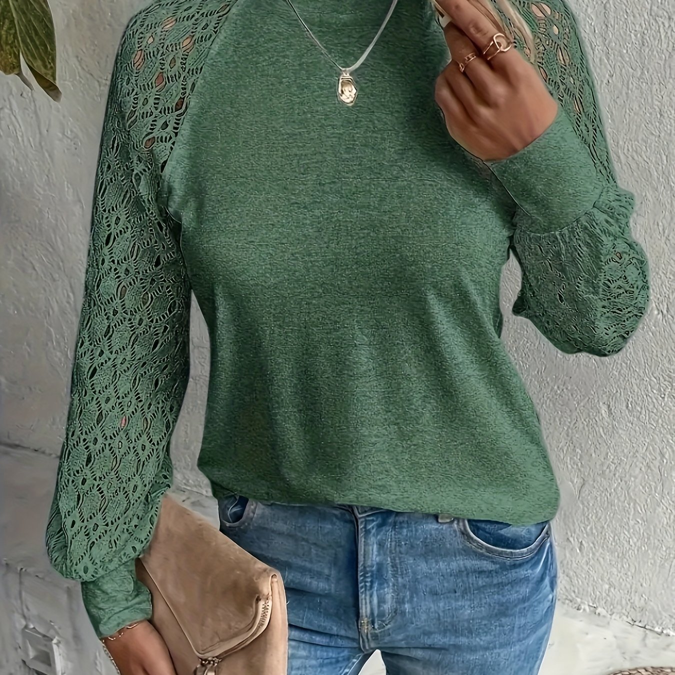 Image of /autumn Women's Clothing Hollow Sleeve Round Neck Solid Color T-shirt Casual Long Sleeve Top