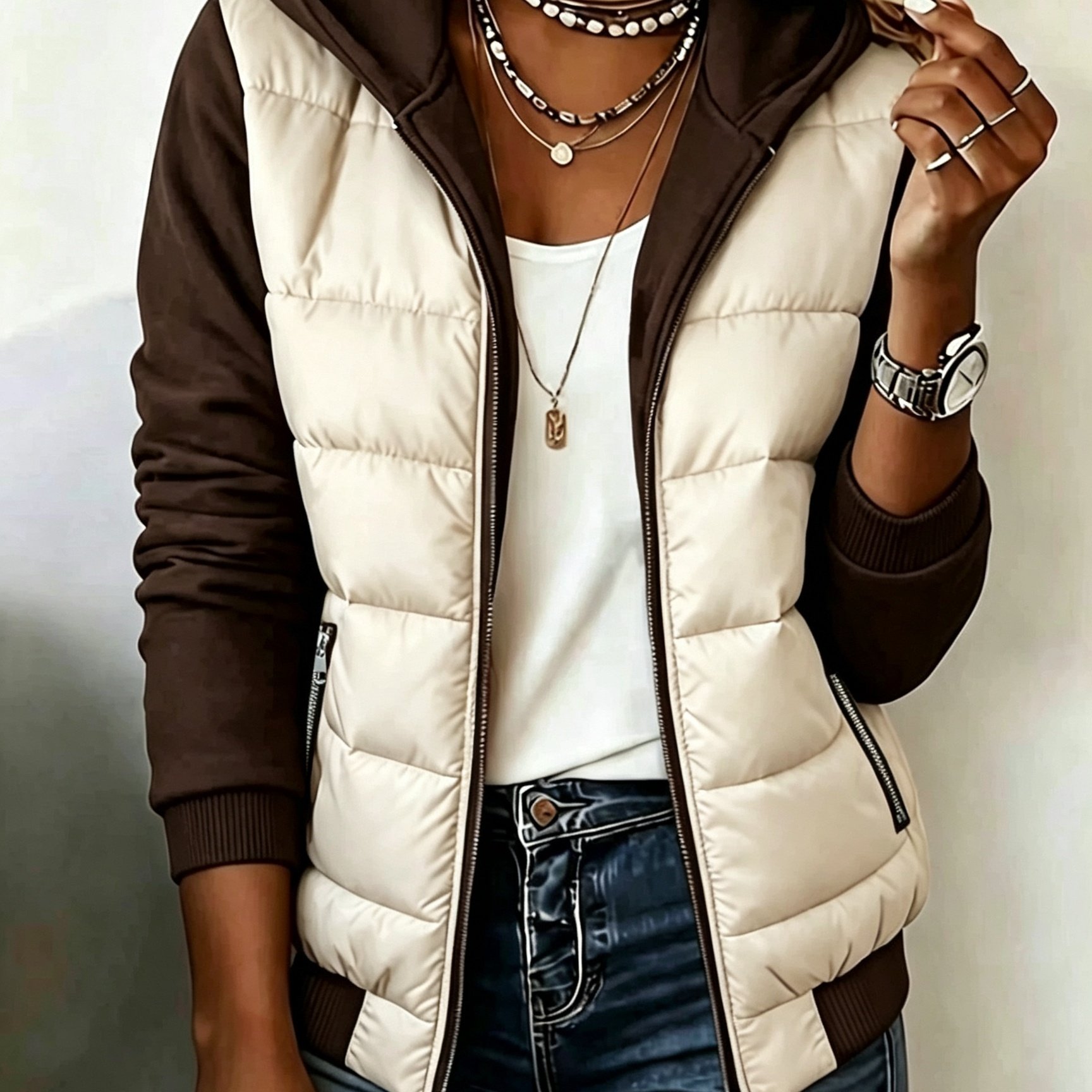 TEMU Neue Herbst/Winter-Mode für Damen, Kapuzen-Langarm-Steppjacke mit Farbblock-Design, gerippter Bündchensaum, gespleißt, gesteppt, kurz, lässig,