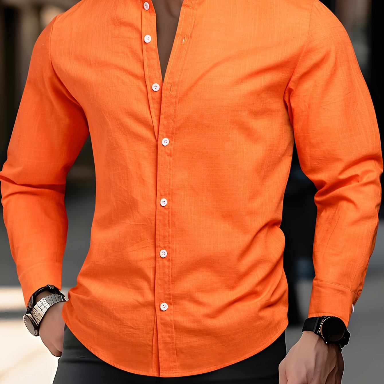 Image of Men's Casual All- Material Fashion Single-button Design Regular Stand Collar Lightweight Breathable Long Sleeve Outdoor Casual Shirt