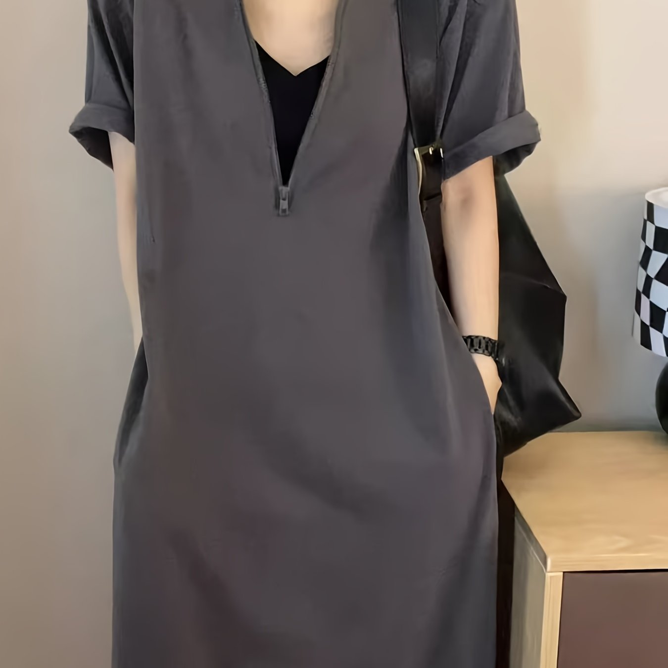 TEMU プラスサイズ - 夏用の新しいトレンディなプラスサイズ半袖ドレス、日常の外出、デート、集まりに適したファッショナブルなスタイルのゆったりとした膝丈のドレス。