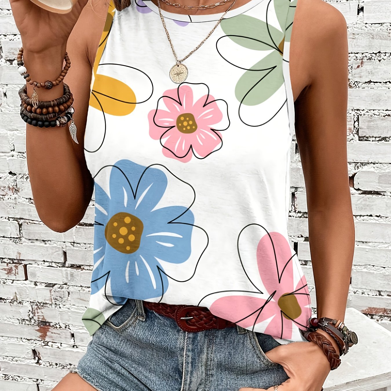 TEMU Women's Fashion Casual Round Neck Printed Tank Top